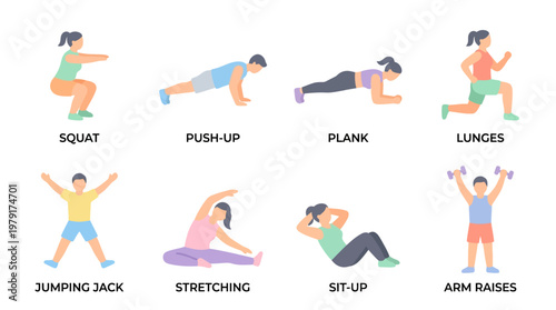 A vector set of people performing various exercises in a gym including squat, push-up, plank, lunges, jumping jack, stretching, sit-up, and arm raises.