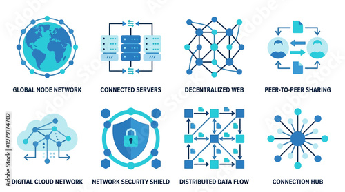 Vector set of modern network icons showcasing global node connections and decentralized web elements.