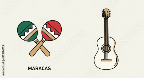 Colorful maracas and acoustic guitar icons for music and latin american culture