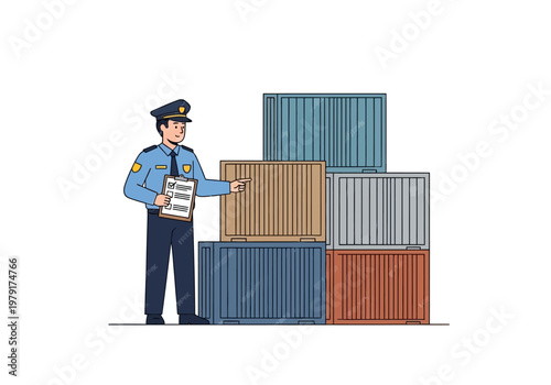 Customs officer inspects eksport impor containers at border checkpoint facility.