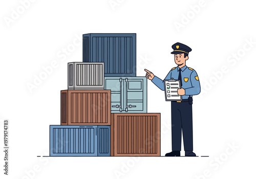 Customs officer inspects ekspor impor containers at warehouse facility with documentation