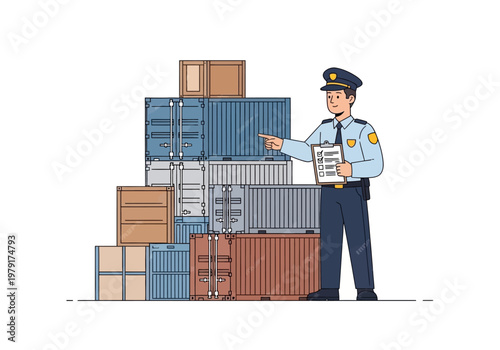 A customs officer inspects ekspor impor documents beside stacked containers for impor_inafb1_ekspor impor shipment.
