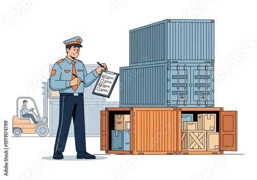 Worker inspects cargo containers at shipping yard with forklift