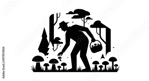 Man picking mushrooms in forest.