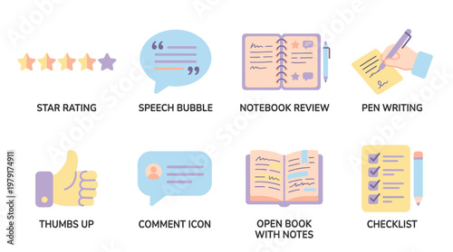 Vector set of colorful review icons featuring star ratings, speech bubbles, notebooks, and checklists for feedback and evaluation purposes on a digital platform.