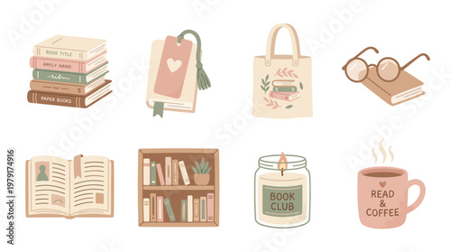 A vector set of colorful icons featuring books, bags, glasses, and coffee for a cozy reading environment at home or library.