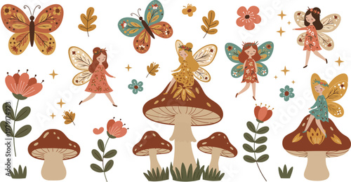 Vector illustration featuring a cartoon set of autumn trees and leaves with various forest mushrooms, red toadstools, and green grass isolated on a white background