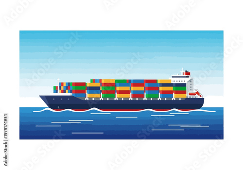 A large cargo ship transports colorful containers across calm blue waters under a clear sky