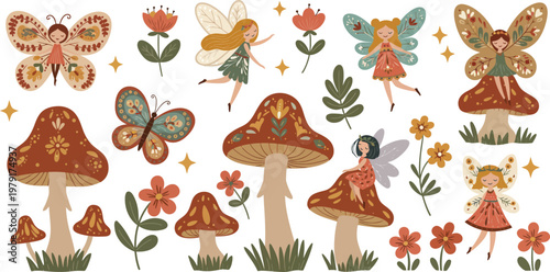 Vector illustration featuring a cartoon set of autumn trees and leaves with various forest mushrooms, red toadstools, and green grass isolated on a white background