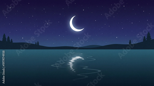 Crescent Moon Reflection Water Minimal Eid al-Adha Night Scene