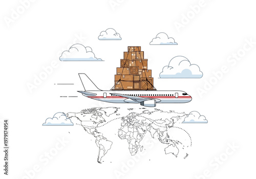 Airplane loaded with cargo boxes flying over a world map with clouds