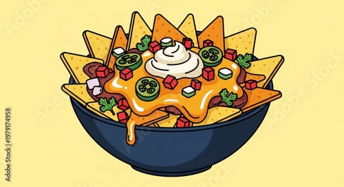 Delicious bowl of nachos with melted cheese jalapenos salsa and sour cream on top served in a dark blue bowl against a pale yellow background