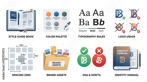 A comprehensive vector set of branding guidelines and assets for design consistency displayed on a clean workspace.