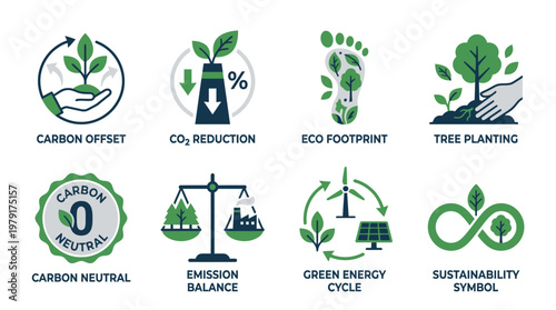 Vector set of eco-friendly icons depicting carbon offset, green energy, and sustainability concepts for environmental awareness.