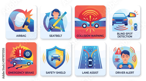 A vector set of car safety features icons illustrating airbag, seatbelt, collision warning, blind spot detection, emergency brake, safety shield, lane assist, and driver alert systems on a road.