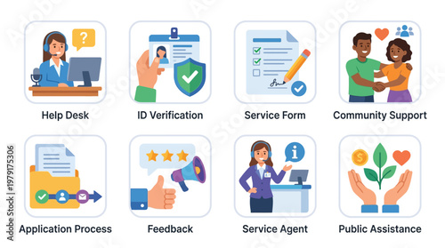 A vector set of various service icons depicting community support and public assistance programs with people interacting.