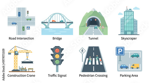 Vector set of city infrastructure icons featuring road intersection, bridge, tunnel, skyscraper, construction crane, traffic signal, pedestrian crossing, and parking area for urban planning.