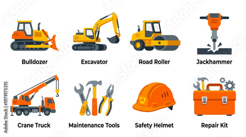 A vector set of construction equipment and tools on display including bulldozer, excavator, road roller, jackhammer, crane truck, maintenance tools, safety helmet, and repair kit.