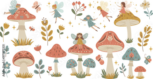 Vector illustration featuring a cartoon set of autumn trees and leaves with various forest mushrooms, red toadstools, and green grass isolated on a white background