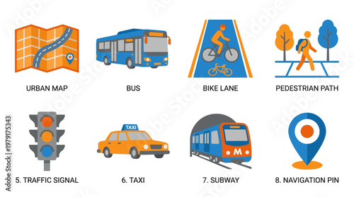 Vector set of urban transportation icons features a city map, bus, bike lane, pedestrian path, traffic signal, taxi, subway, and navigation pin.