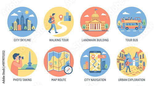 Vector set of city icons illustrating urban exploration with landmarks, tours, and navigation tools for travelers