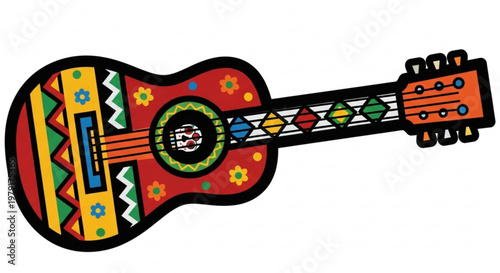 Colorful ukulele with intricate patterns and designs on body and neck musical instrument