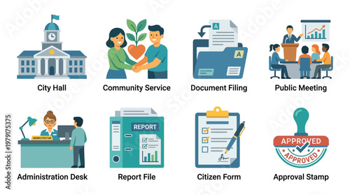 A vector set of community service icons depicting city hall, public meeting, and document filing in a municipal setting with various administrative tasks.