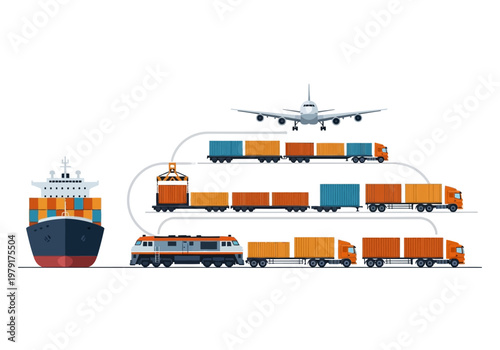 The ekspor impor_pa30be_ekspor impor.ai illustration shows various transportation modes moving containers.