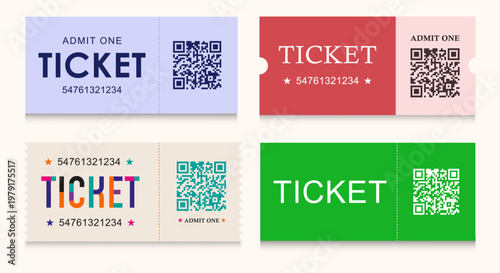 Professional collection of four ticket templates for various events featuring QR codes, serial numbers, and different color schemes on a light background.