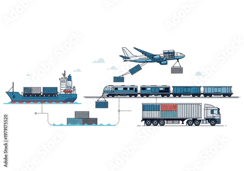 Export import containers being transported by ship truck train and airplane