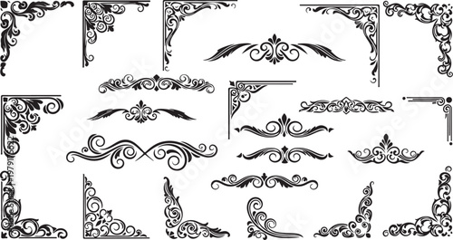 Ornate black and white vintage decorative border design elements set