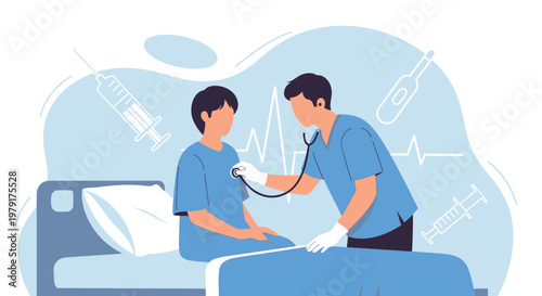 Doctor examining patient in hospital bed with medical equipment background