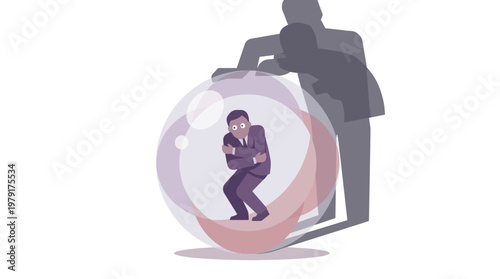 A man experiences discomfort inside a large bubble pushed by another man.