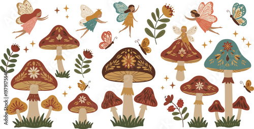 Vector illustration featuring a cartoon set of autumn trees and leaves with various forest mushrooms, red toadstools, and green grass isolated on a white background