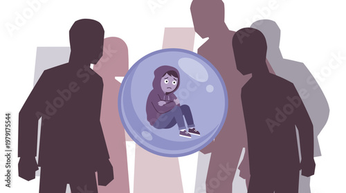 A woman experiences discomfort and feeling of isolation among a crowd of people.