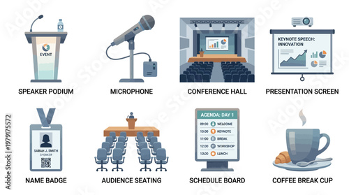 Business conference vector set with speaker podium, microphone, presentation screen, and audience seating in a conference hall with schedule board and coffee break