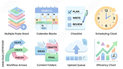 Productivity vector set for business workflow management with multiple colorful office supplies and icons