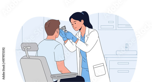 Doctor examining patient's ear with otoscope in clinic examination room