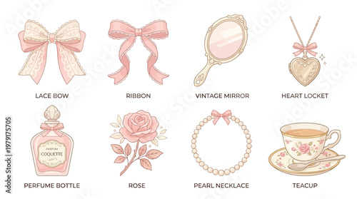 A vector set of feminine vintage items including a lace bow, ribbon, and heart locket on a neutral background with perfume bottle, rose, and teacup.