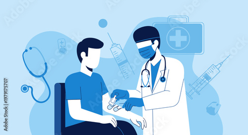 Doctor giving injection to patient, medical vaccination, healthcare concept illustration