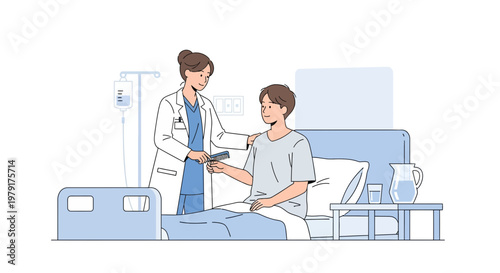 Doctor giving medicine to patient in hospital bed, medical care and treatment concept