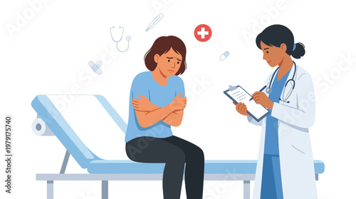 A doctor discusses with a patient expressing discomfort and a feeling of unease on an examination table.