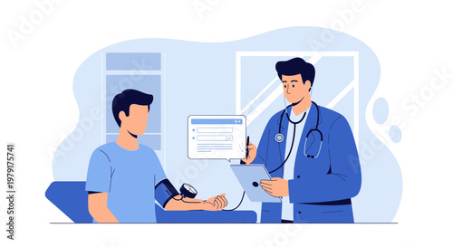 Doctor measuring patient's blood pressure in a modern clinic, healthcare concept
