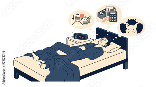 A person lying in bed experiencing discomfort and a feeling of restlessness with thoughts of work.