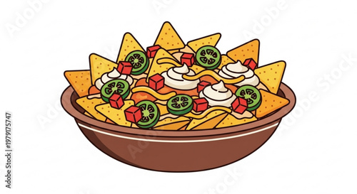 Delicious bowl of nachos with jalapenos sour cream and tomatoes on top perfect for snacking