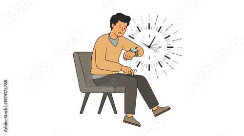 A man experiences discomfort while feeling anxious about time on a chair.