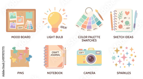 A creative vector set of colorful stationery items and photography tools on a desk for artistic inspiration.