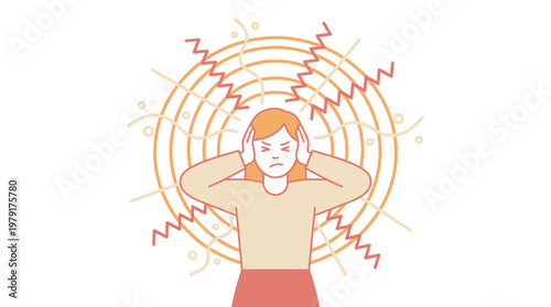 Person experiencing discomfort and a strong feeling of headache with hands on ears