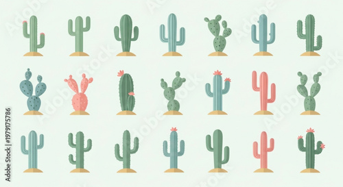 Colorful cactus icons in rows on light background for decoration and design