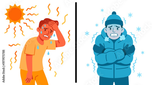 A man feels discomfort in summer heat and another feels it in winter cold.
